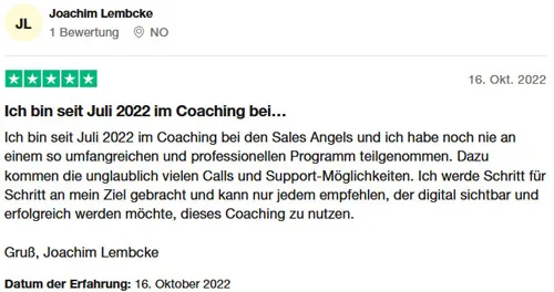 Fünf-Sterne-Bewertung von Joachim Lembcke: seit Juli 2022 im Coaching bei den Sales Angels