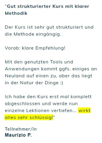 Kundenstimme von Maurizio P. zur Affiliate School: gut strukturierter Kurs mit klarer Methodik
