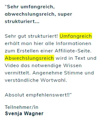 Kundenstimme von Svenja Wagner zur Affiliate School Masterclass: sehr umfangreich, abwechslungsreich und absolut empfehlenswert
