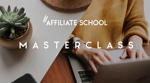 Titelbild der Affiliate School Masterclass mit Händen auf einer Laptop-Tastatur und einer Sukkulente
