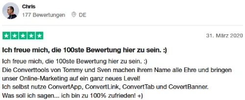 Fünf-Sterne-Bewertung von Chris zu den Converttools von Tommy und Sven