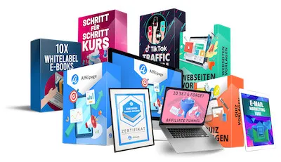 Produktpaket von Affilipage mit Laptop, Zertifikat und Boxen wie 10x Whitelabel E-Books und TikTok Traffic