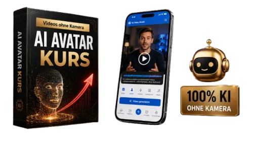 Kursbox der AI Avatar Masterclass mit dem Schriftzug AI Avatar Kurs, einem Smartphone-Mockup und dem Hinweis 100 Prozent KI ohne Kamera