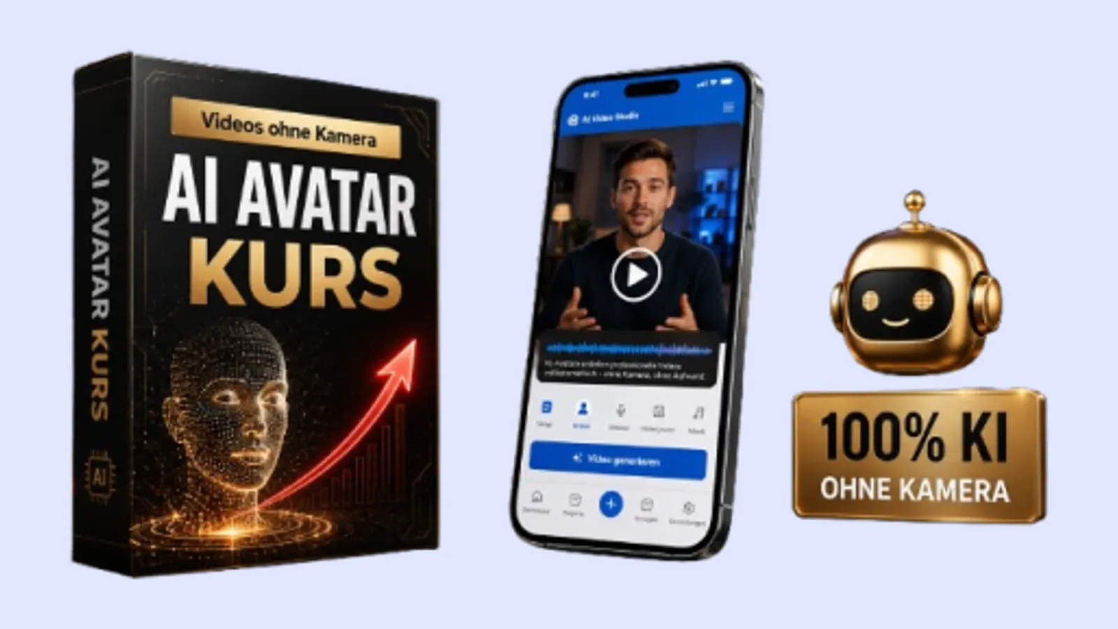 Kursbox der AI Avatar Masterclass mit Smartphone-Mockup und dem Hinweis Videos ohne Kamera
