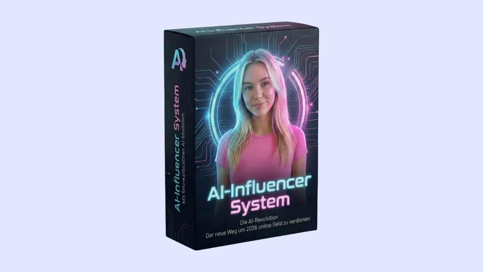 Kursbox des AI Influencer System mit Frauenporträt und Neon-Schriftzug auf hellem Hintergrund