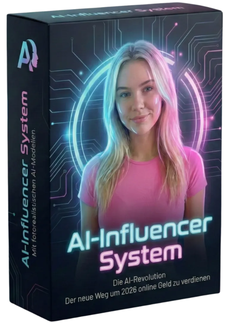 Kursbox des AI Influencer System mit Frauenporträt, Neon-Schriftzug und dem Untertitel Die AI-Revolution