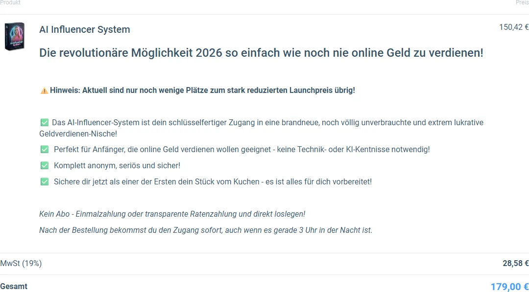 Bestellformular des AI Influencer System bei Digistore24 mit Nettopreis, 19 Prozent Mehrwertsteuer und Gesamtpreis von 179 Euro