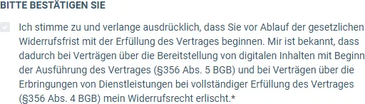 Pflicht-Häkchen im Bestellformular des AI Influencer System zum Erlöschen des Widerrufsrechts bei digitalen Inhalten