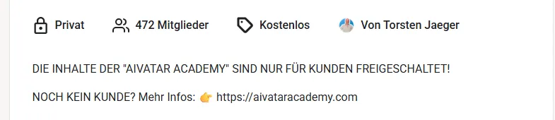 Skool-Seite der AIVATAR Academy mit den Angaben Privat, 472 Mitglieder und Von Torsten Jaeger sowie dem Hinweis, dass die Inhalte nur für Kunden freigeschaltet sind