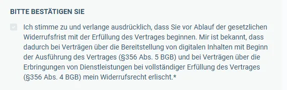 Pflicht-Häkchen im Bestellformular der AIVATAR Academy zur vorzeitigen Ausführung und zum Erlöschen des Widerrufsrechts