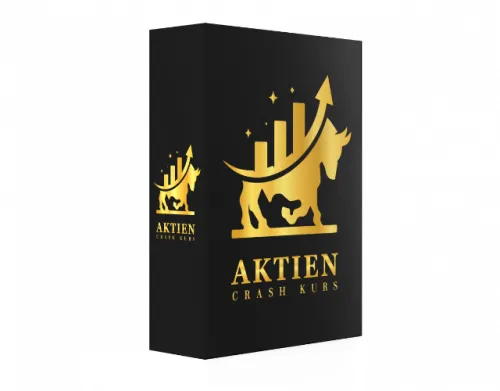 Schwarze Kursbox des Aktien Crashkurses mit goldenem Bullen und steigendem Chart-Pfeil