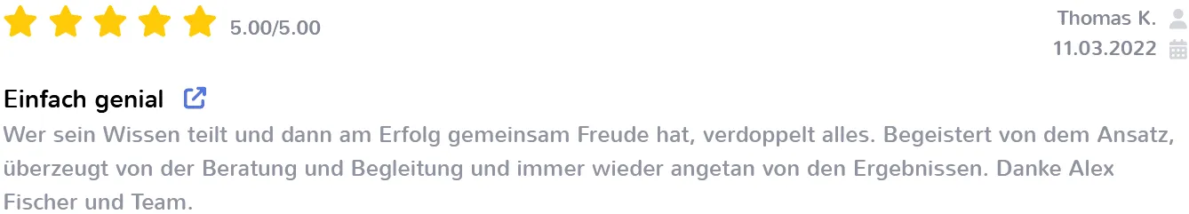 Bewertung mit fünf Sternen von Thomas K.: Einfach genial, Alex Fischer teilt sein Wissen