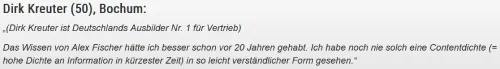 Kundenstimme von Dirk Kreuter über das Wissen und die Contentdichte von Alex Fischer