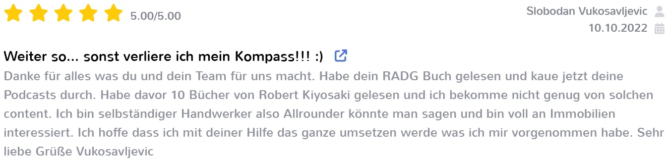 Bewertung mit fünf Sternen von Slobodan Vukosavljevic, der das Buch von Alex Fischer gelesen hat und jetzt eine Immobilie kauft