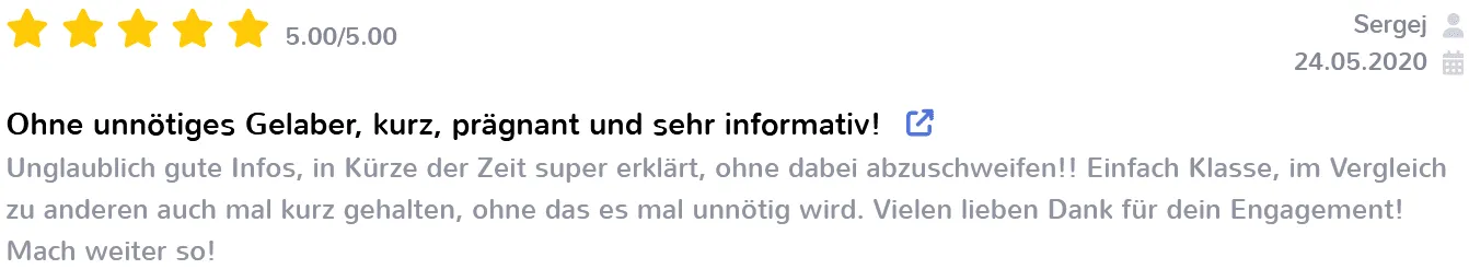 Bewertung mit fünf Sternen von Sergej: ohne unnötiges Gelaber, kurz, prägnant und sehr informativ