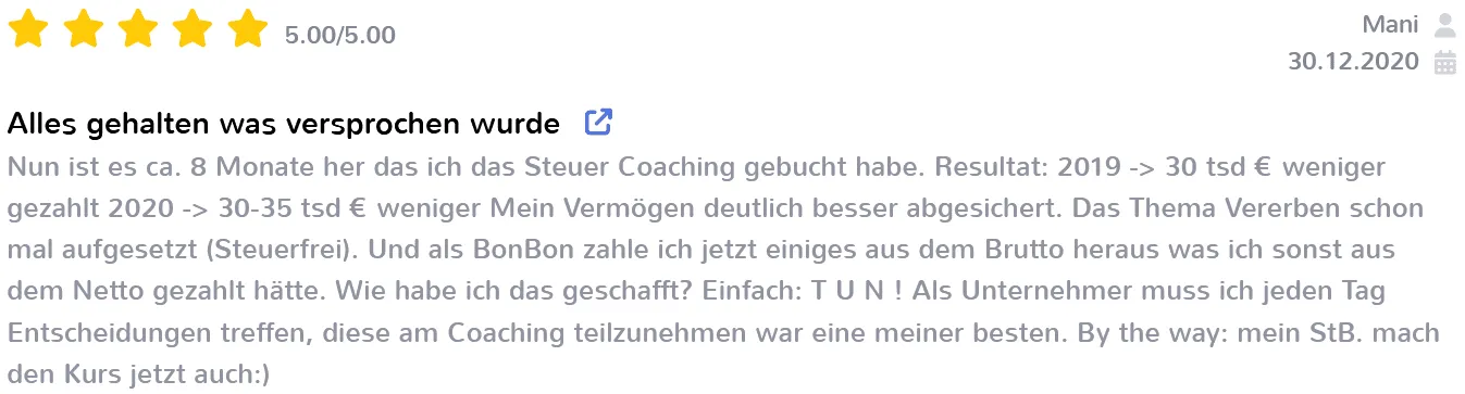 Bewertung mit fünf Sternen von Mani: Alles gehalten was versprochen wurde beim Steuer Coaching von Alex Fischer