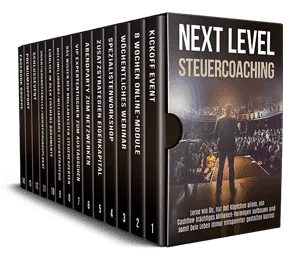 Box des Next Level Steuercoaching von Alex Fischer mit den einzelnen Kursbausteinen