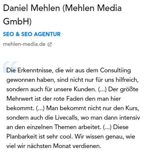 Kundenstimme von Daniel Mehlen (SEO-Agentur) über den roten Faden und die Livecalls im Consulting von Alexander Heeg
