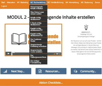 Modul 2 der Amazing eBook Academy vom Business Rebell mit Lektionsmenü und Videoübersicht