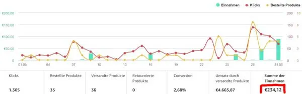 Statistik mit Klicks, bestellten Produkten und monatlichen Amazon Affiliate Einnahmen einer Nischenseite
