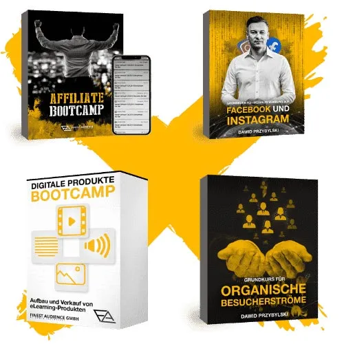 Die vier Kursboxen Affiliate-Bootcamp, Digitale Produkte Bootcamp, Facebook und Instagram sowie Organische Besucherströme