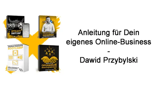 Die vier Kursboxen der Anleitung für Dein eigenes Online-Business mit dem Schriftzug Dawid Przybylski