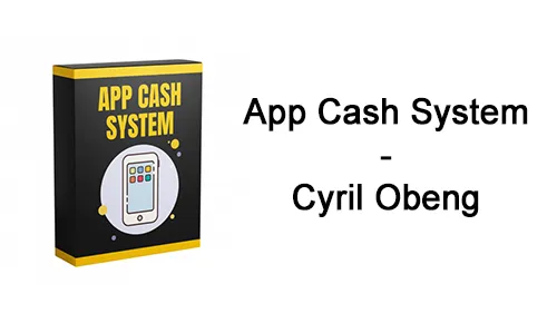 Schwarz-gelbe Kursbox des App Cash Systems neben dem Schriftzug App Cash System – Cyril Obeng