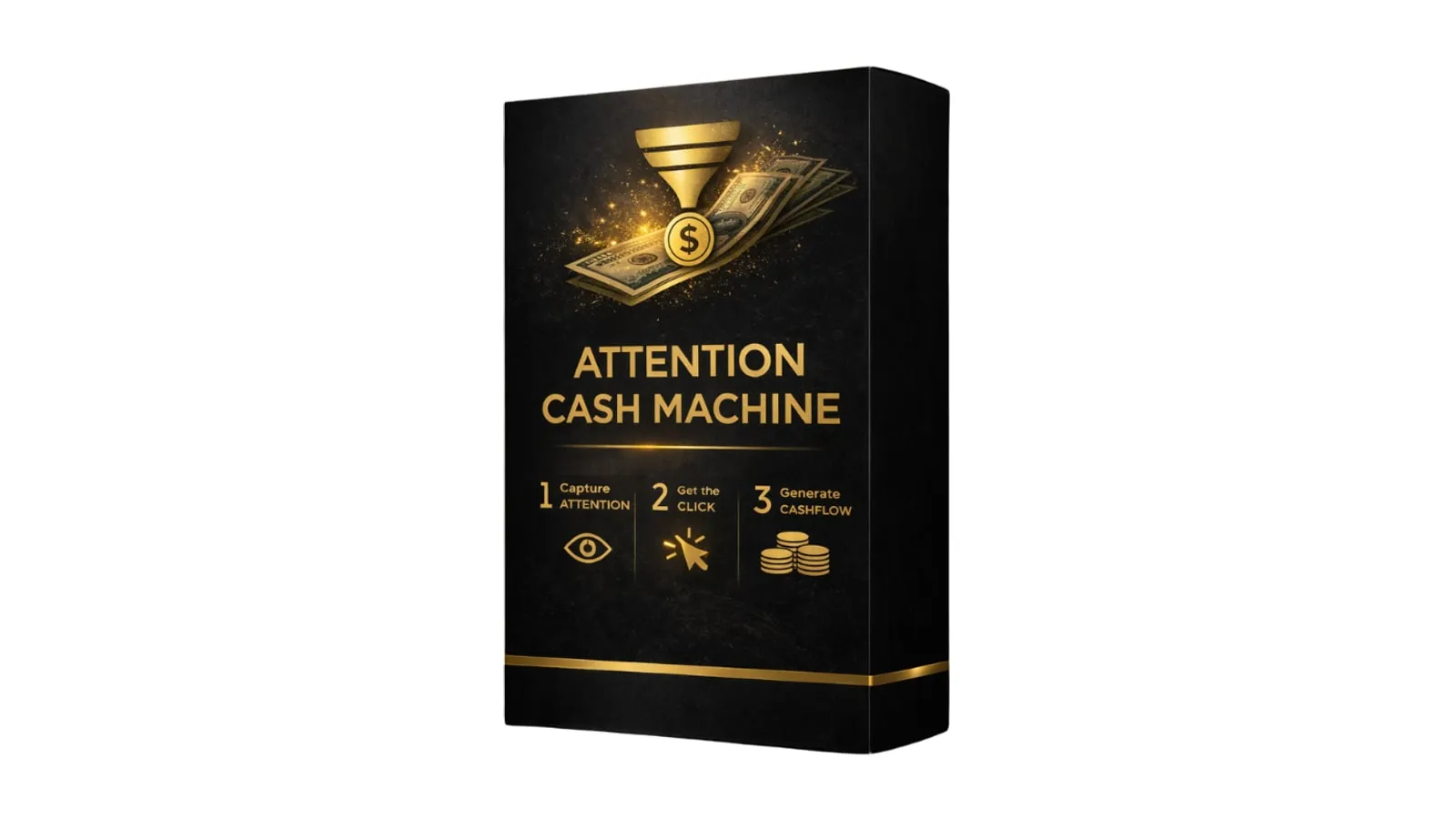 Schwarz-goldene Produktbox der Attention Cash Machine mit Trichter, Geldscheinen und drei Schritten