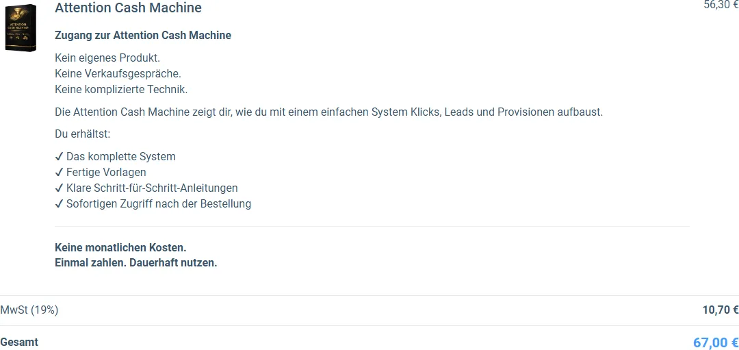 Bestellformular der Attention Cash Machine mit Leistungsliste, 10,70 Euro Mehrwertsteuer und Gesamtpreis 67,00 Euro
