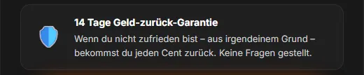 Kasten mit der 14-tägigen Geld-zurück-Garantie auf der Kursseite der Attention Cash Machine