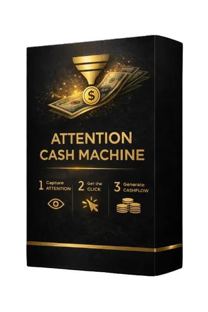 Schwarz-goldene Produktbox der Attention Cash Machine mit Trichter und Geldscheinen