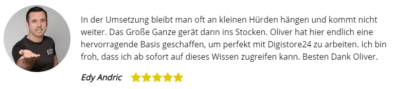 Kundenstimme von Edy Andric mit fünf Sternen zu Automatisiert Verkaufen mit Digistore24