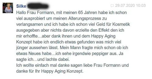 Kundenstimme von Silke, 65 Jahre, die sich dank des Happy Aging Konzepts jünger und peppiger fühlt
