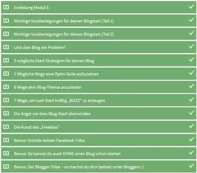 Lektionsübersicht zum Blogstart im Videokurs von Ben Paul mit abgehakten Lektionen