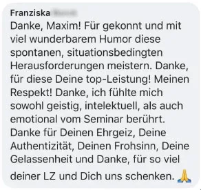 Kundennachricht von Franziska, die sich bei Maxim Mankevich für sein Seminar bedankt
