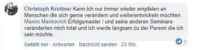 Facebook-Kommentar von Christoph Krüttner, der Maxim Mankevich und seine Seminare weiterempfiehlt