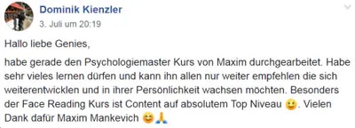 Facebook-Kommentar von Dominik Kienzler, der die Kurse von Maxim Mankevich weiterempfiehlt