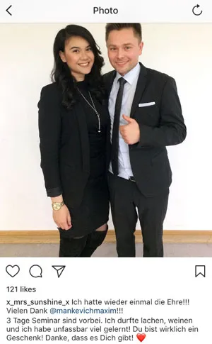 Instagram-Beitrag einer Teilnehmerin mit Foto zusammen mit Maxim Mankevich nach seinem Seminar