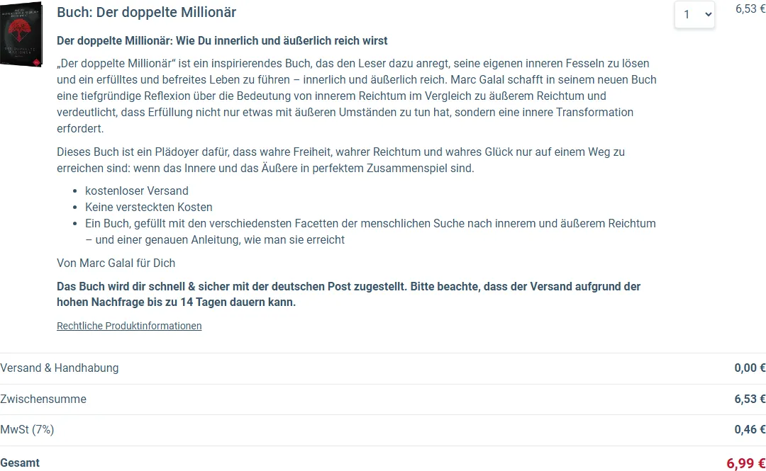 Bestellformular des Buchs Der doppelte Millionär mit 6,53 Euro Buchpreis, 0,00 Euro Versand, 0,46 Euro Mehrwertsteuer und 6,99 Euro Gesamtbetrag