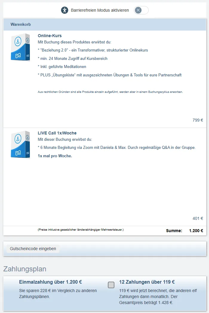 Bestellformular von Beziehung 2.0 mit Onlinekurs für 799 Euro, LIVE Call für 401 Euro und den Zahlungsplänen