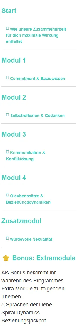 Modulübersicht von Beziehung 2.0 mit Start, Modul 1 bis 4, Zusatzmodul und Bonus-Extramodulen