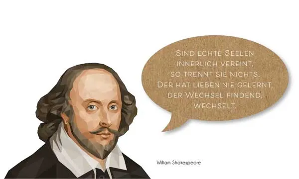 Illustration von William Shakespeare mit Sprechblase und Zitat über echte Seelen und die Liebe
