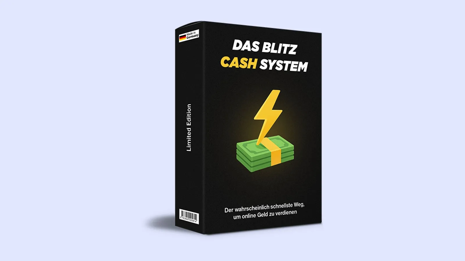 Schwarze Produktbox des Blitz Cash Systems mit gelbem Blitz über Geldbündeln auf hellblauem Hintergrund