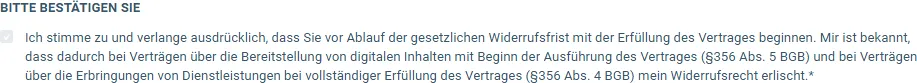 Text zum Pflicht-Häkchen im Bestellformular des Blitz Cash Systems zum Beginn vor Ablauf der Widerrufsfrist