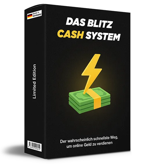 Schwarze Produktbox des Blitz Cash Systems von Andreas Lang mit gelbem Blitz und Geldbündeln