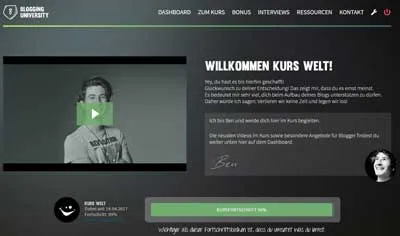 Startseite im Mitgliederbereich der Blogging University mit Willkommensvideo von Ben Paul