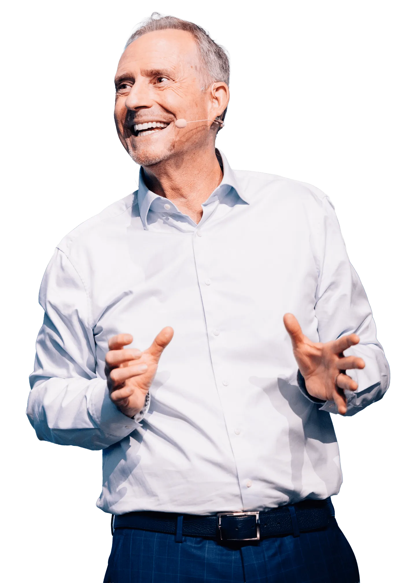 Bodo Schäfer mit Headset-Mikrofon, lachend