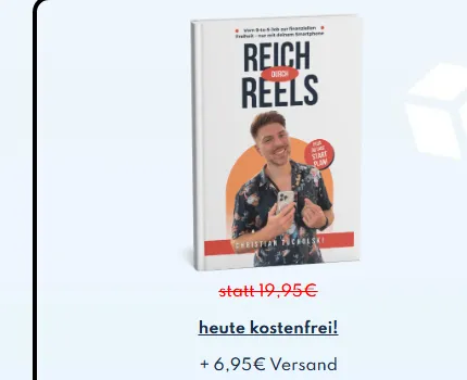 Angebotsbox der Buchseite von Reich durch Reels mit Buch, Hinweis heute kostenfrei und 6,95 Euro Versand