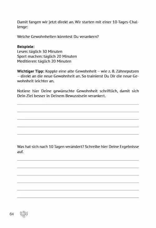 Buchseite 64 aus Der doppelte Millionär mit einer 10-Tages-Challenge und Linien zum Eintragen eigener Gewohnheiten
