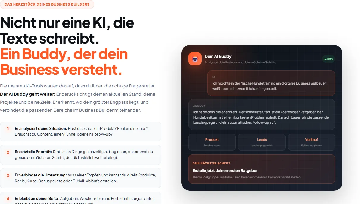 AI Buddy von Business Builder AI mit einem Beispielchat zur Nische Hundetraining